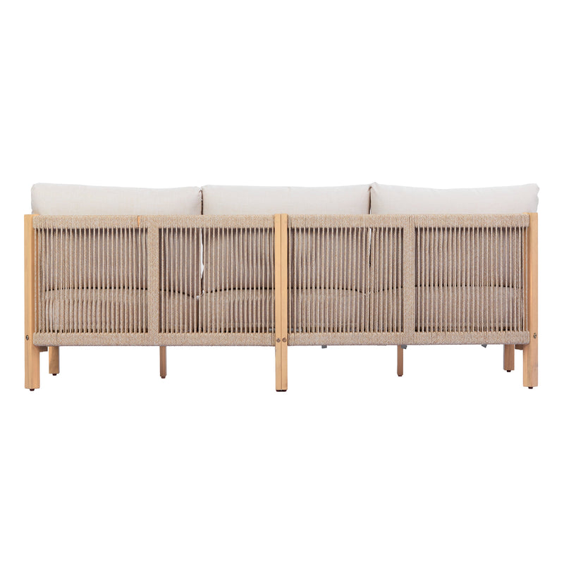73.23" Outdoor Acacia Wood Frame Rope-Braided Backrest Three-Seater Sofa by HouseOfZazla