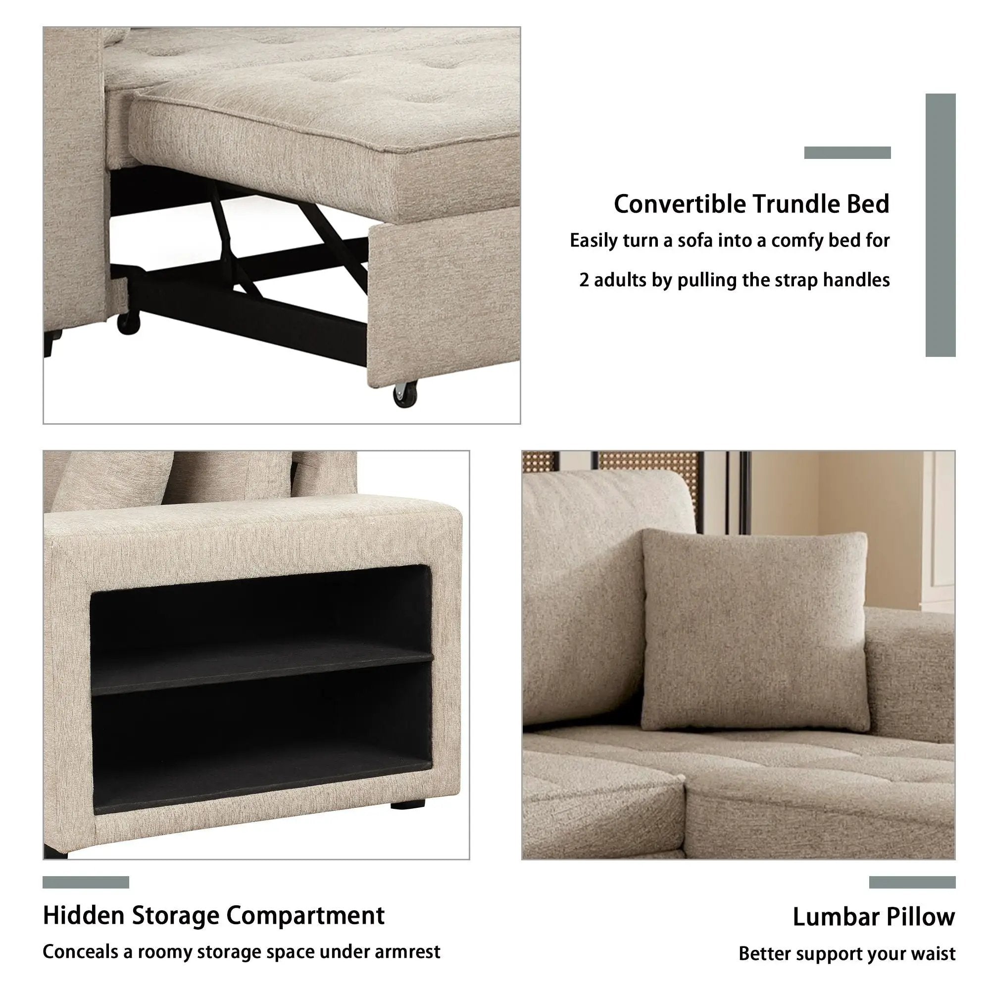 Modern L-Shape 3 Seat Reversible Sectional Couch, Pull Out Sleeper Sofa With Storage Chaise And 2 Stools For Living Room Furniture Set by Unique Piece Furniture