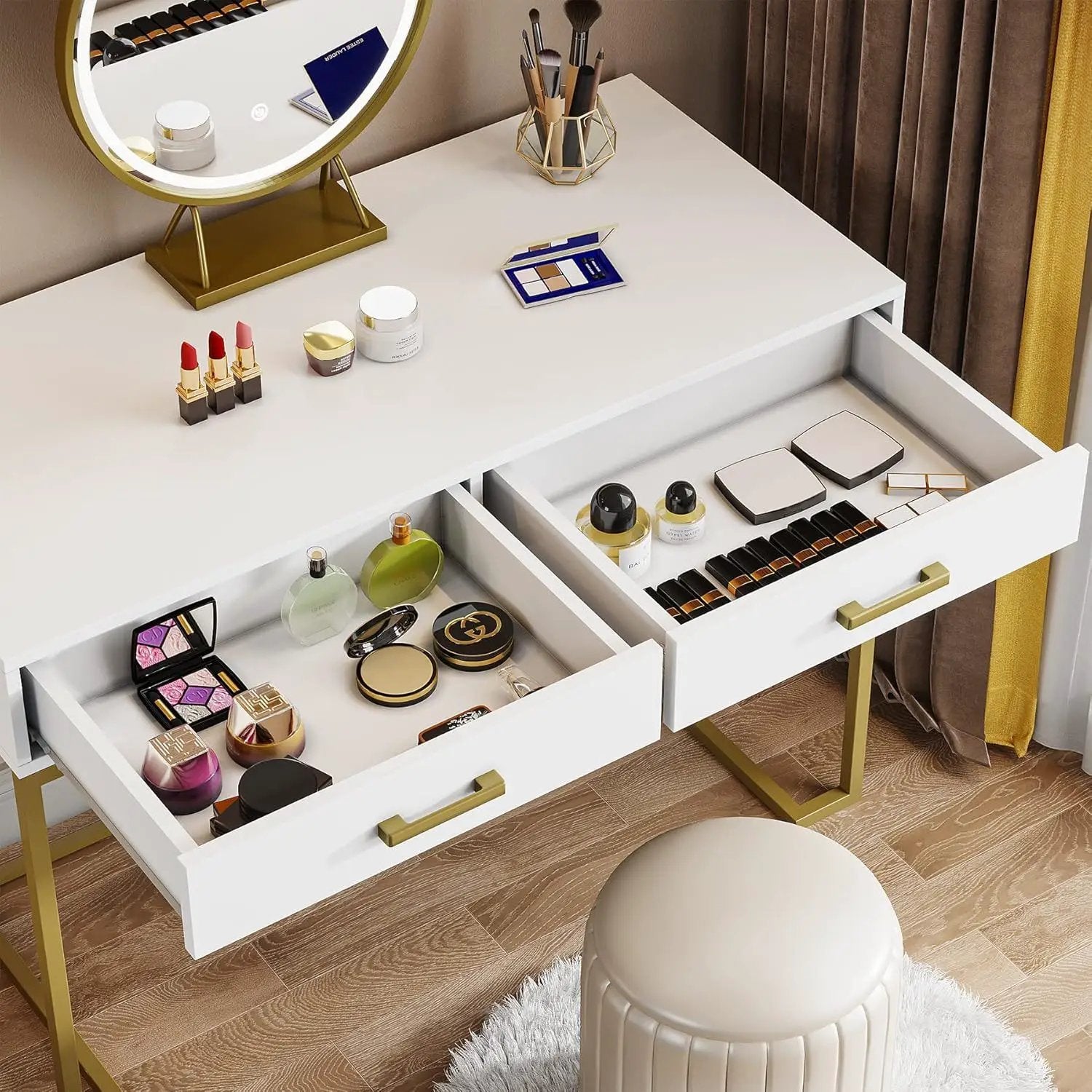 Minimalist Home Office Computer Desk With 2 Drawers, Compact Writing Table For Small Spaces - White / Gold by HouseOfZazla
