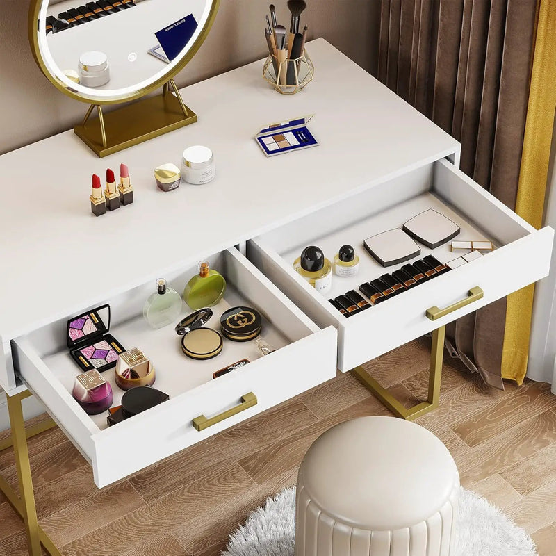 Minimalist Home Office Computer Desk With 2 Drawers, Compact Writing Table For Small Spaces - White / Gold by HouseOfZazla
