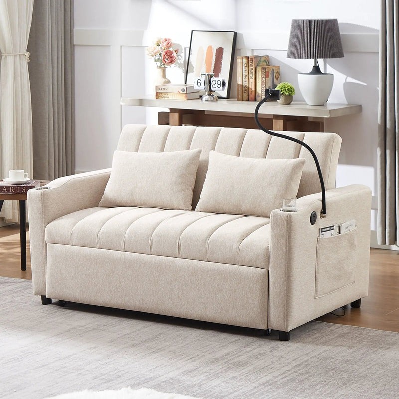 Convertible Sofa Bed Loveseat Sofa With Three USB Ports, Two Side Pockets, Two Cup Holders And 360° swivel Phone Holder For Living Room by HouseOfZazla