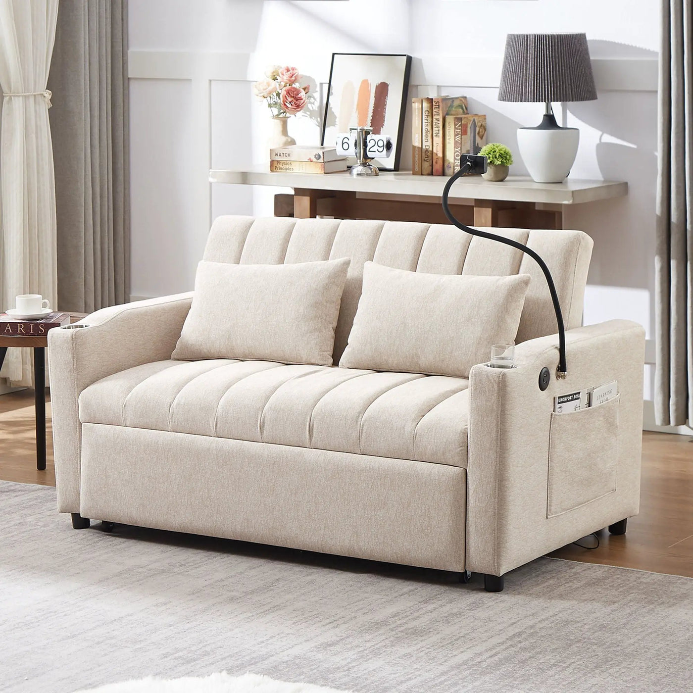 Convertible Sofa Bed Loveseat Sofa With Three USB Ports, Two Side Pockets, Two Cup Holders And 360° swivel Phone Holder For Living Room by Unique Piece Furniture