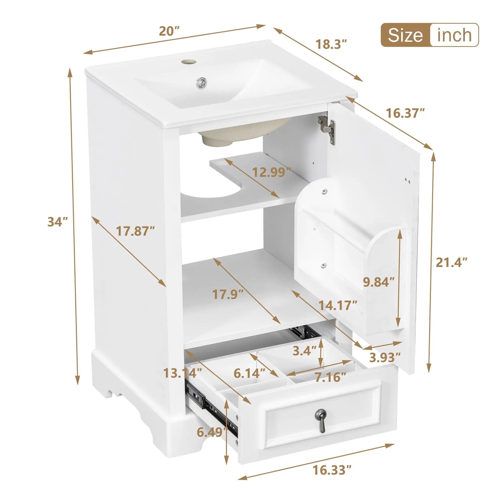 Bathroom Vanity With Sink, Soft Close Door, Adjustable U-Shaped Shelf by Unique Piece Furniture