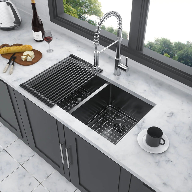 Double Bowl Undermount Kitchen Sink 16 Gauge 33" x 19" with Dual 10" Deep Basins - Gunmetal Black by HouseOfZazla
