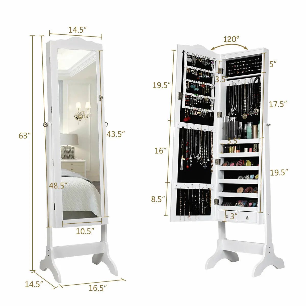 14 LED Jewelry Armoire Cabinet with Full Length Mirror and 4 Tilting Angles by DirectDeals