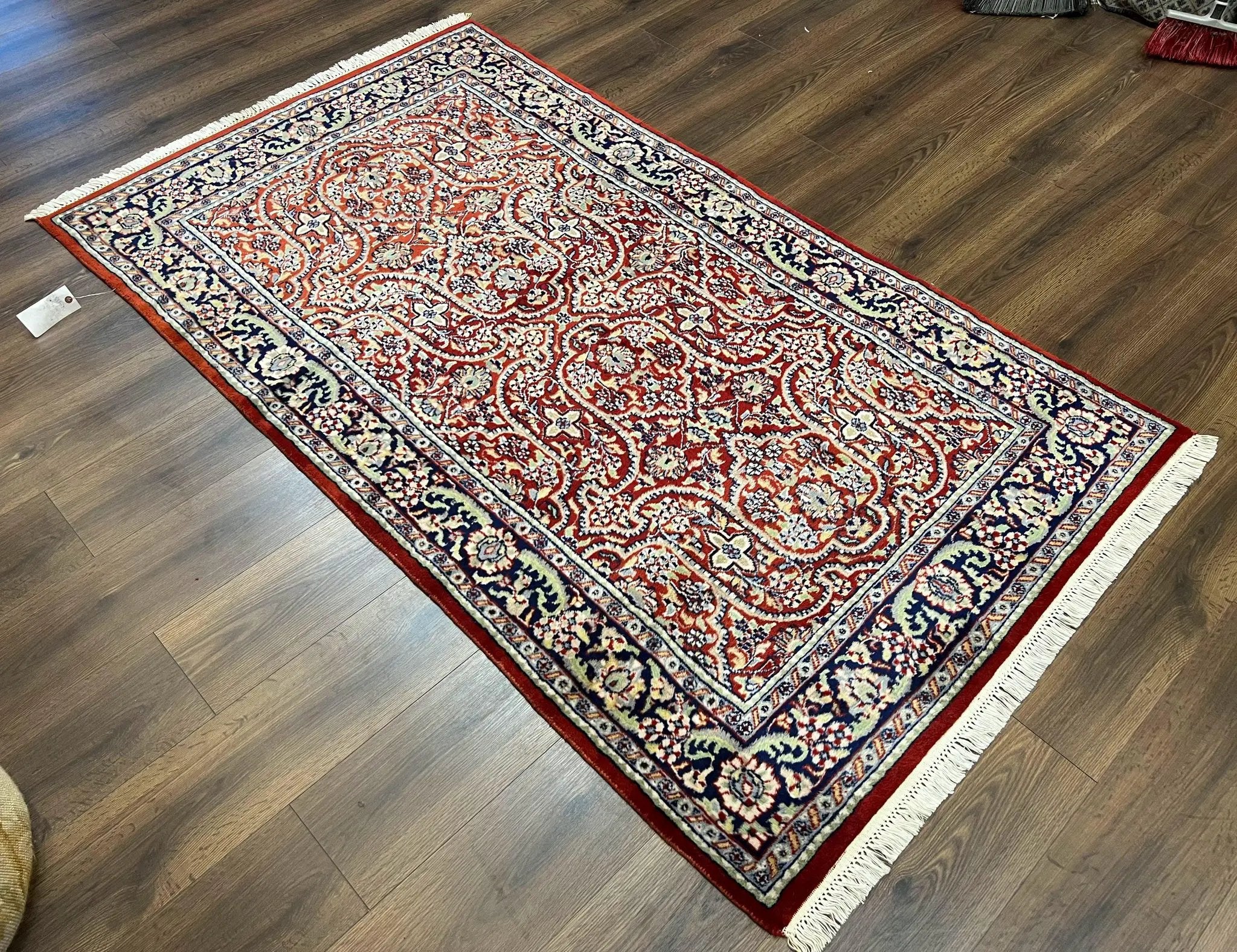 Indo Persian Rug 4x7, Allover Floral Oriental Carpet, Red and Navy Blue, Hand Knotted Indian Kashmiri Traditional Vintage Area Rug 4 x 7 ft by Jewel Rugs