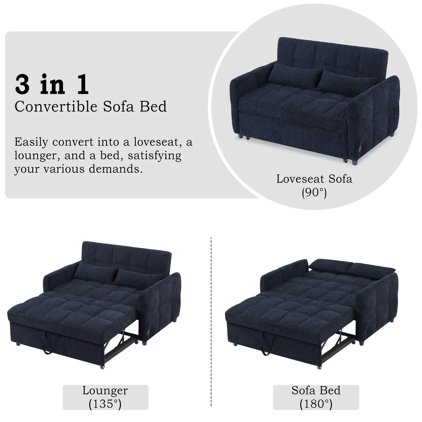 Loveseat Sofa Pull-Out Bed With Adjustable Backrest, 3 USB Ports And 2 Lumbar Pillows For Living Room by Unique Piece Furniture