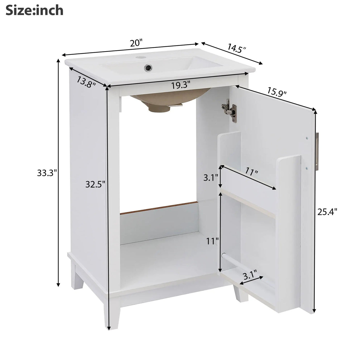 Modern Small Bathroom Vanity Cabinet With Ceramic Basin, Ample Storage, 1 Soft Close Door by Unique Piece Furniture
