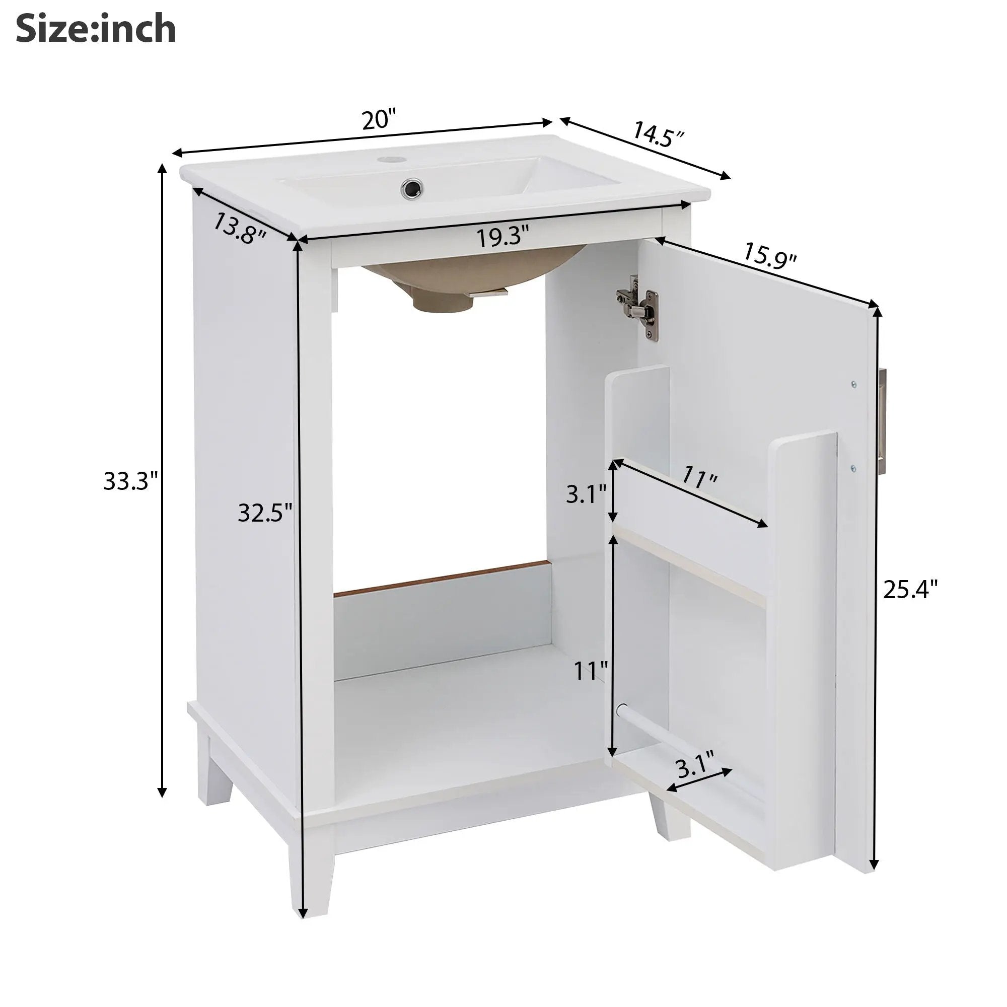 Modern Small Bathroom Vanity Cabinet With Ceramic Basin, Ample Storage, 1 Soft Close Door by HouseOfZazla