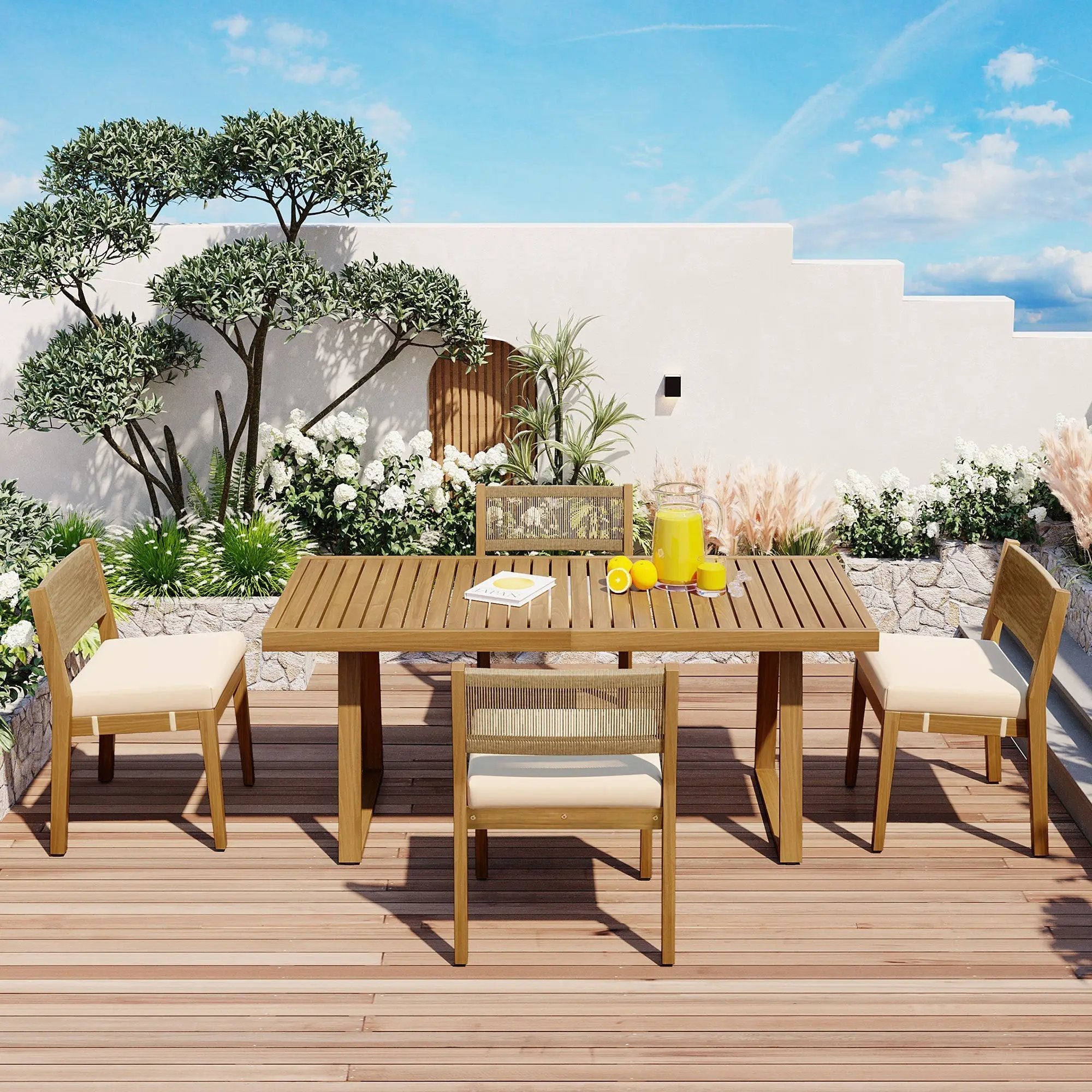 U_Style Multi-Person Outdoor Acacia Wood Dining Table and Chair Set by HouseOfZazla