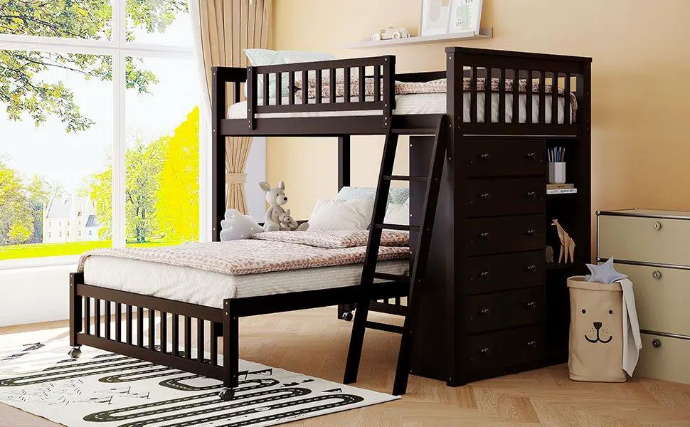 Bunk Bed With 6 Drawers And Flexible Shelves, Bottom Bed With Wheels by HouseOfZazla