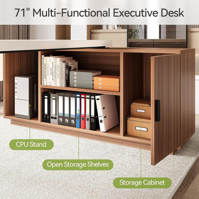 L-Shaped Executive Desk With Storage Cabinet, Home Office Workstation With Shelves - White / Walnut by HouseOfZazla