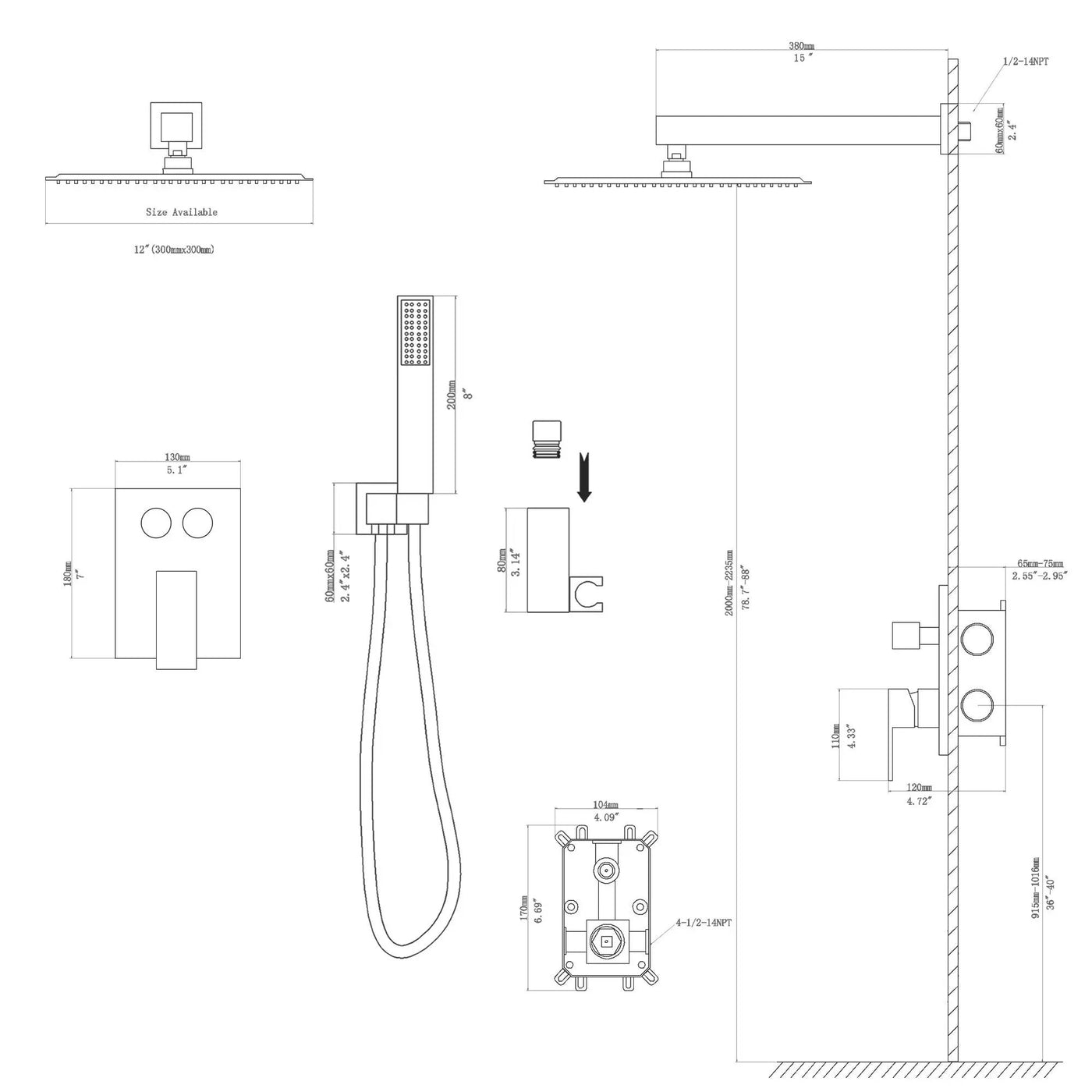 Dual Shower Head System With Square Rain Shower And Rough In Valve by HouseOfZazla