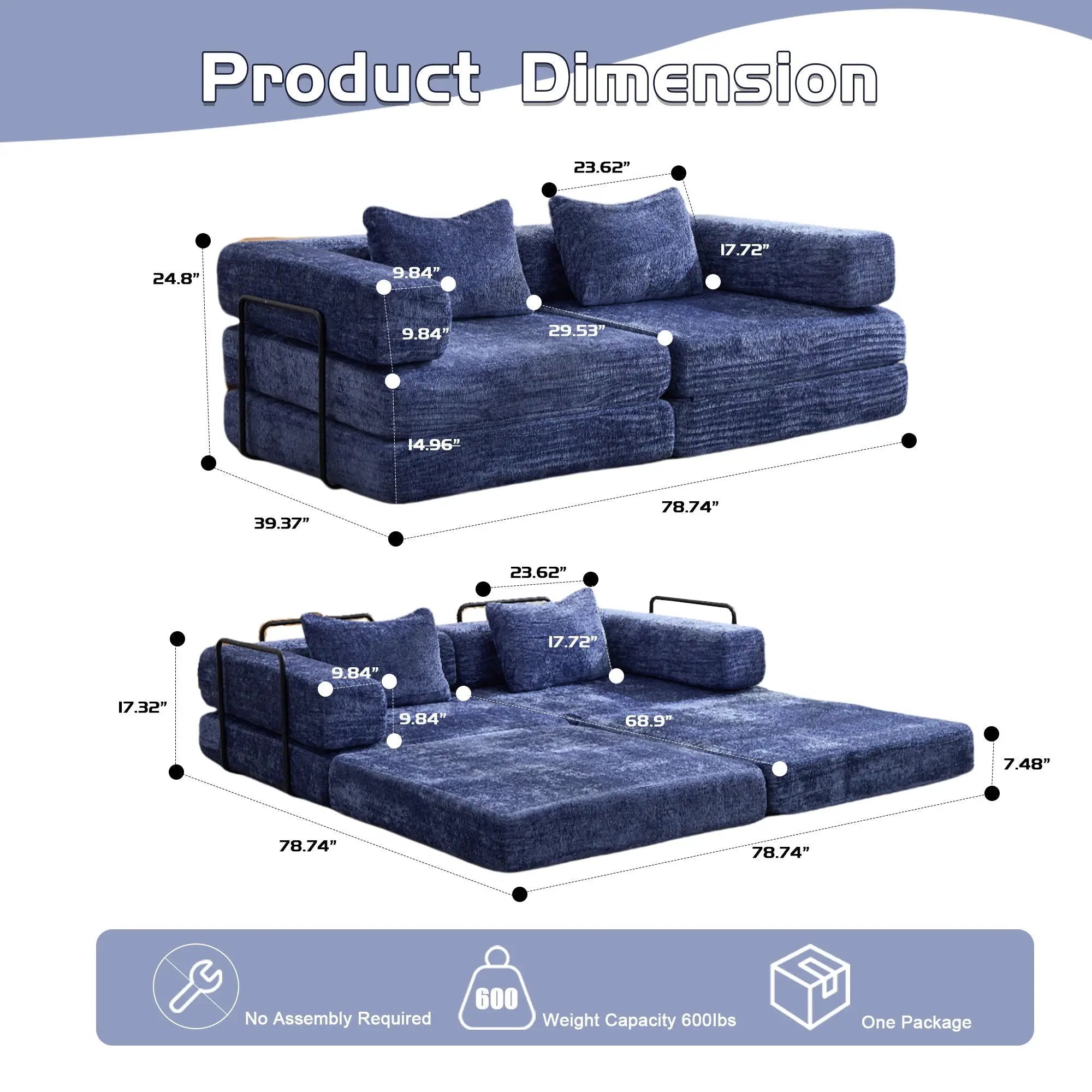 Convertible Floor Sofa Bed With Pillow Back Support Armrest by Unique Piece Furniture
