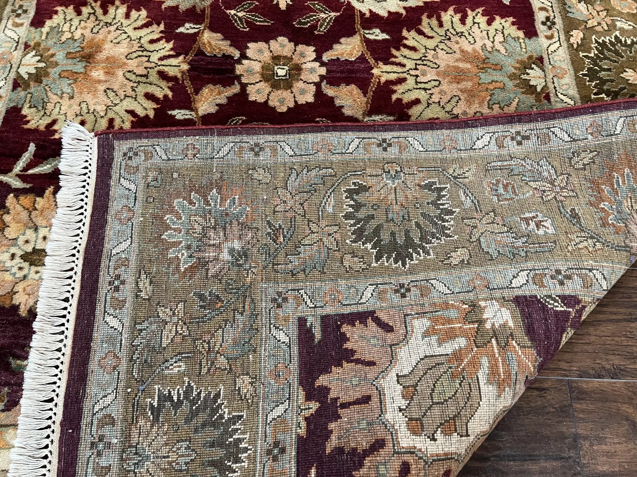 Indo Mahal Rug 6x9, Large Flowers Allover, Maroon and Green, Handmade Wool Area Rug, Vintage Rug, Indian Oriental Carpet, Hand Knotted Rug by Jewel Rugs