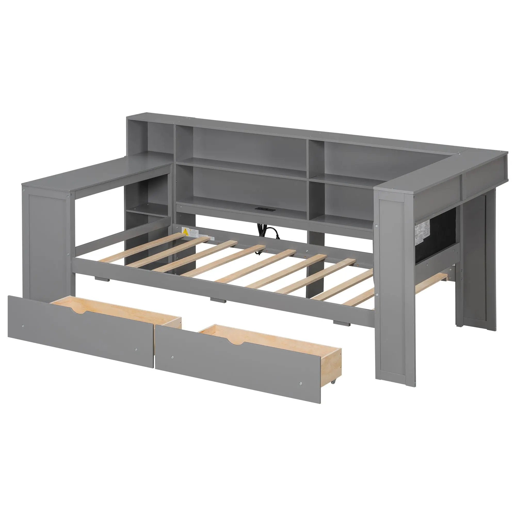 Platform Bed With Upholstered Headboard, Storage Shelves, Drawers, Charging Station, LED Lighting, Built In Desk by HouseOfZazla
