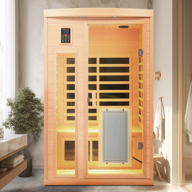 Low EMF, There is also a heating plate on the glass door, Hemlock wood Far-infrared indoor Two person sauna room by HouseOfZazla