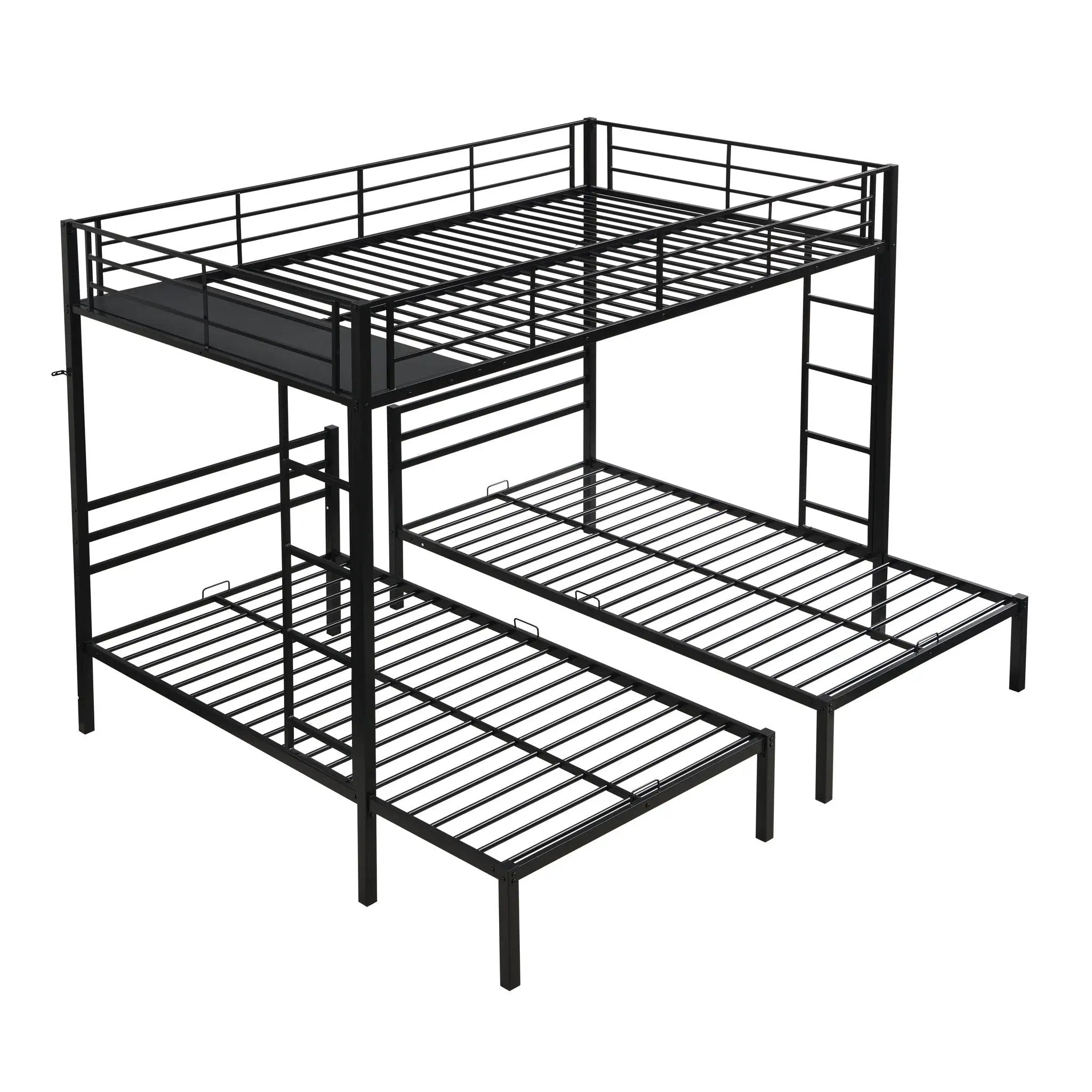 Modern Metal Triple Bunk Bed With Vertical Ladder, Safety Rail, And Storage Shelf - Black by Unique Piece Furniture