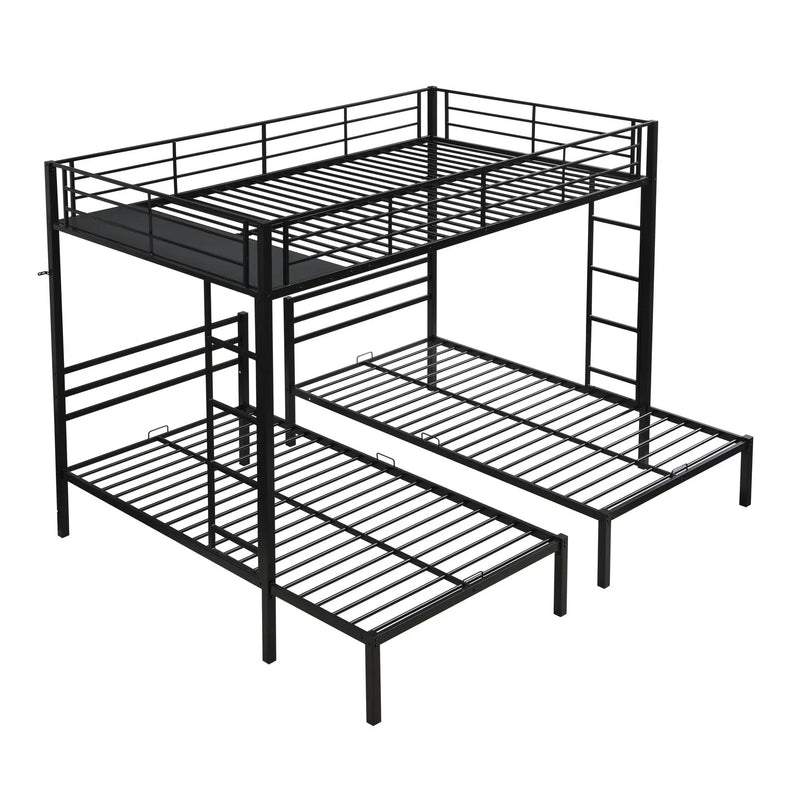 Modern Metal Triple Bunk Bed With Vertical Ladder, Safety Rail, And Storage Shelf - Black by HouseOfZazla