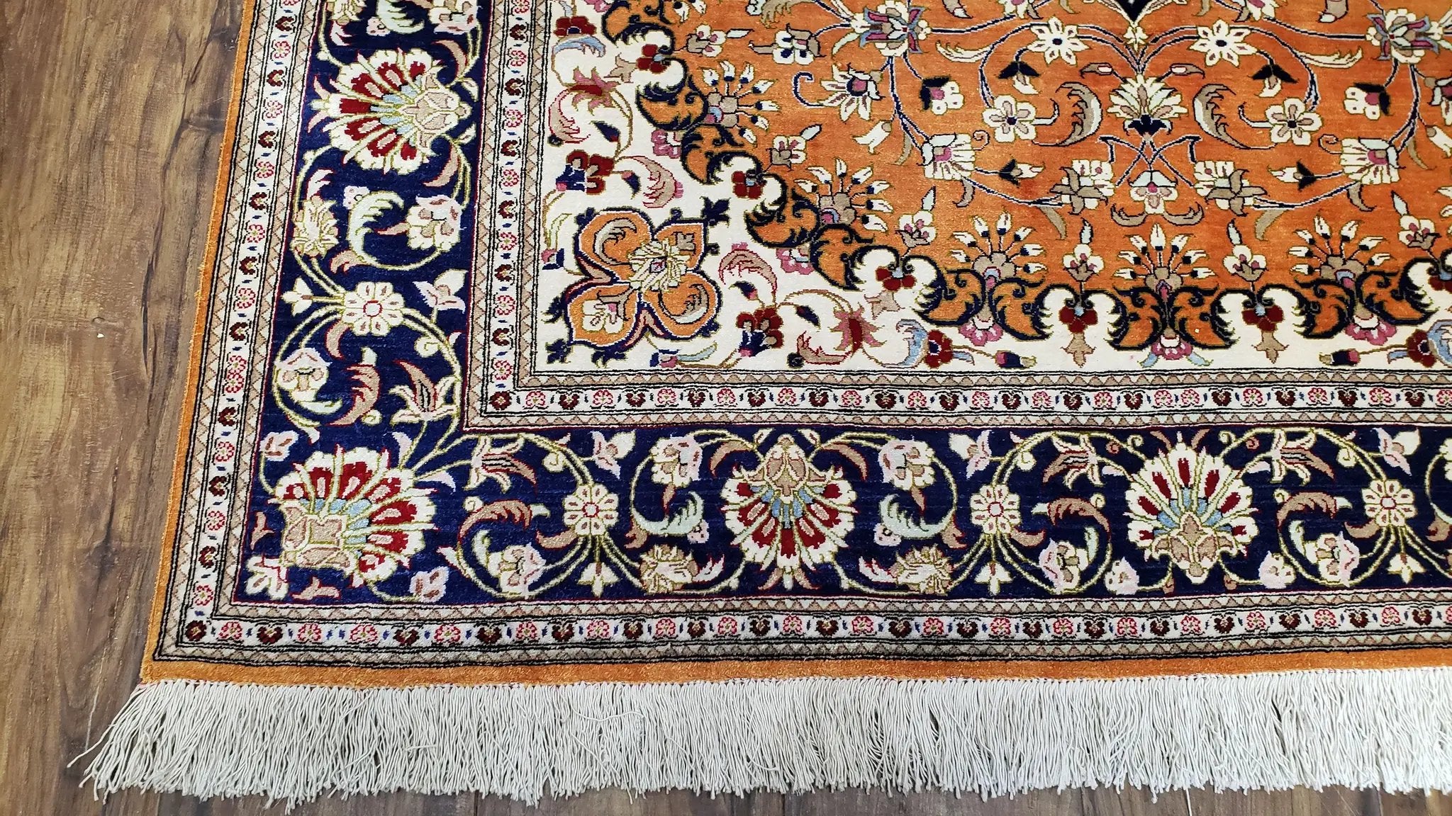 Vintage Persian Qum Silk Rug 4.6 x 6.7, Burnt Orange and Navy Blue, Antique Oriental Very Fine Signature Master Weaver 350+ KPSI Ghom Qom 5x7 Rug by Jewel Rugs