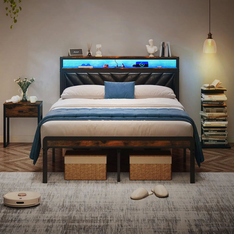 Full Size Metal Platform Bed Frame with Adjustable Upholstered Headboard by HouseOfZazla