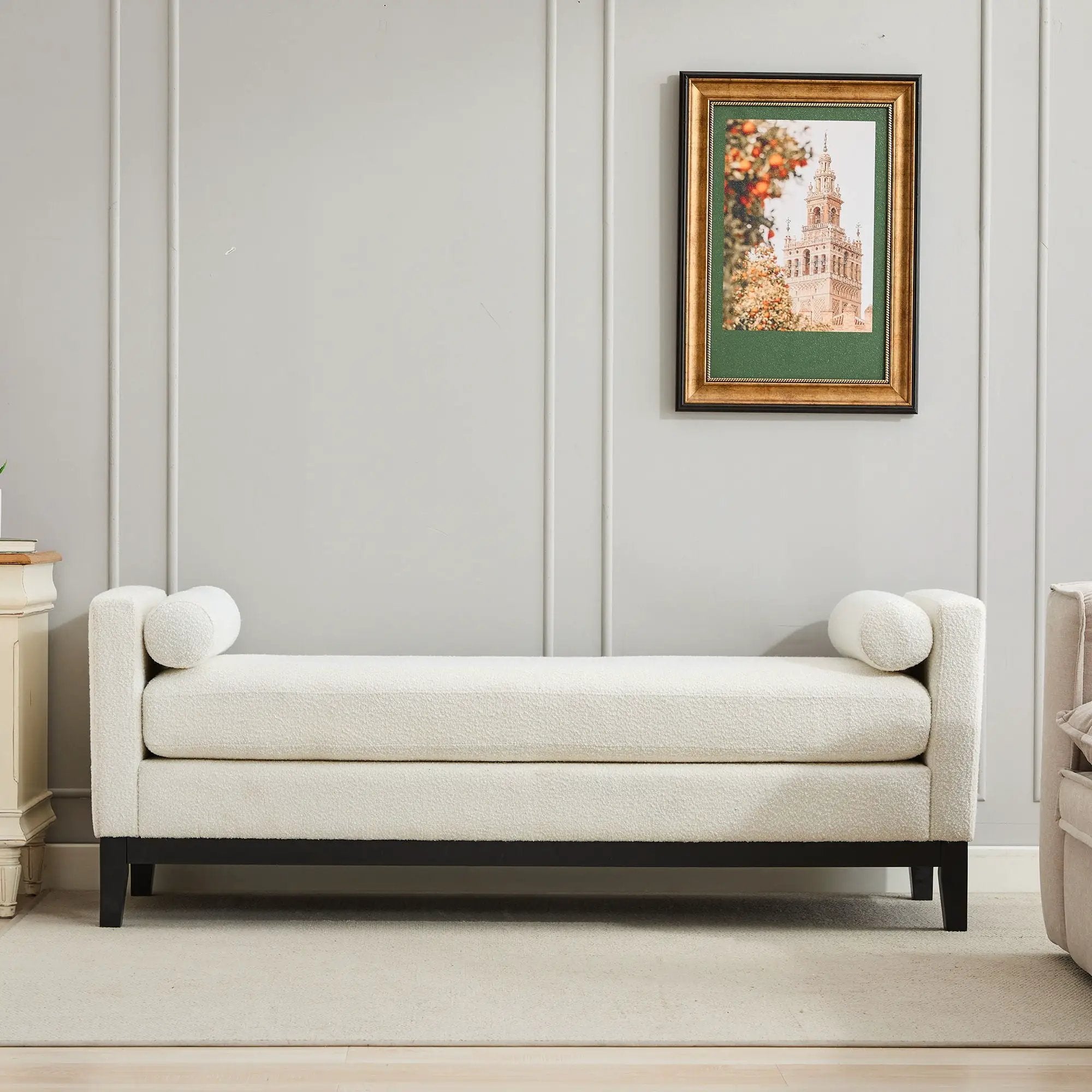 Elegant Upholstered Bench, Daybed, Ottoman With Wood Legs & Bolster Pillows - Ivory Boucle by Unique Piece Furniture