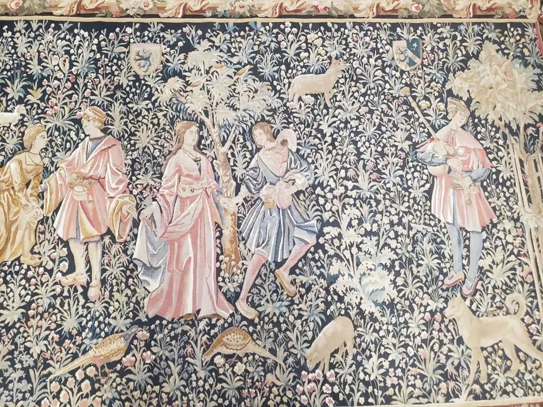Vintage European Tapestry 5.4 x 7.11, Antique Style European Wall Hanging, Aubusson Weave Handmade Tapestry, Courtship Dating Scene, Animals by Jewel Rugs