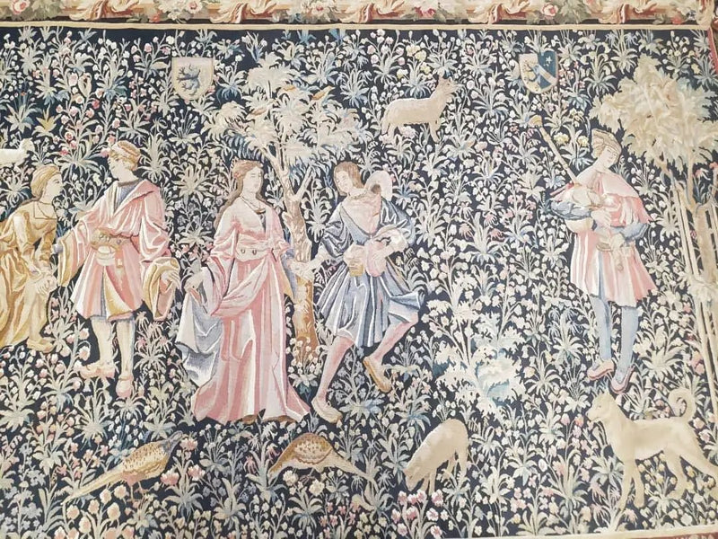 Vintage European Tapestry 5.4 x 7.11, Antique Style European Wall Hanging, Aubusson Weave Handmade Tapestry, Courtship Dating Scene, Animals by Jewel Rugs