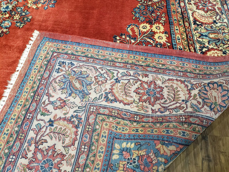 Semi Antique Persian Sarouk Rug 9x12, Semi Open Field with Central Medallion, Hand Knotted Wool, Tomato Red, 9 x 12 Authentic Oriental Carpet by Jewel Rugs