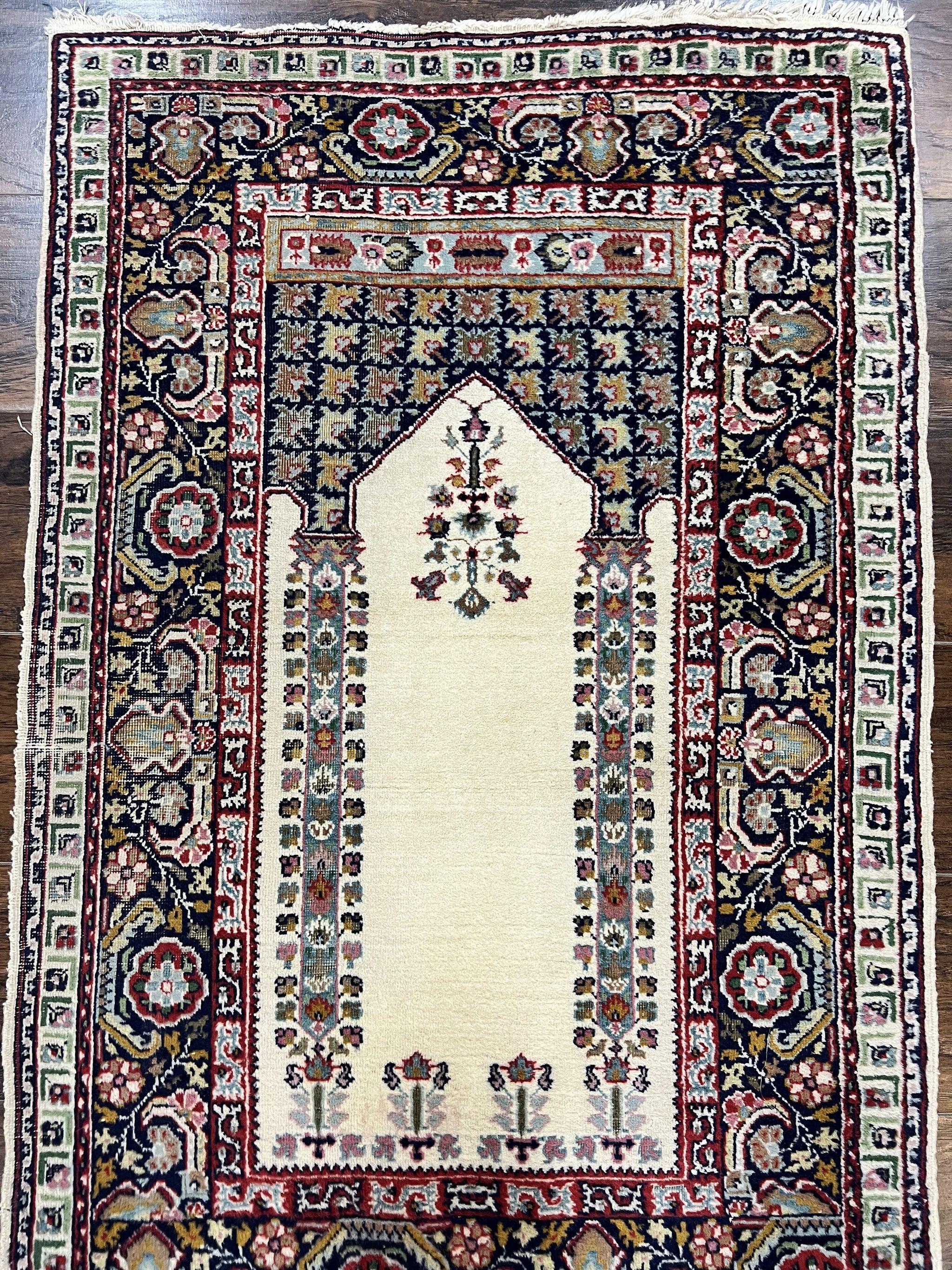 Turkish Prayer Rug 2.5 x 4, Vintage Wool Hand Knotted Carpet, Ivory by Jewel Rugs