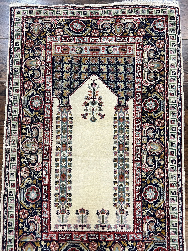 Turkish Prayer Rug 2.5 x 4, Vintage Wool Hand Knotted Carpet, Ivory by Jewel Rugs