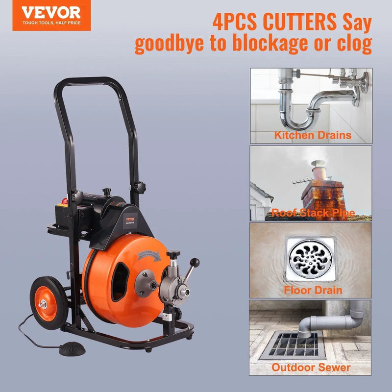 Drain Cleaning Machine 100Ft X 3/8" Auto Feed Sewer Snake - Orange by HouseOfZazla