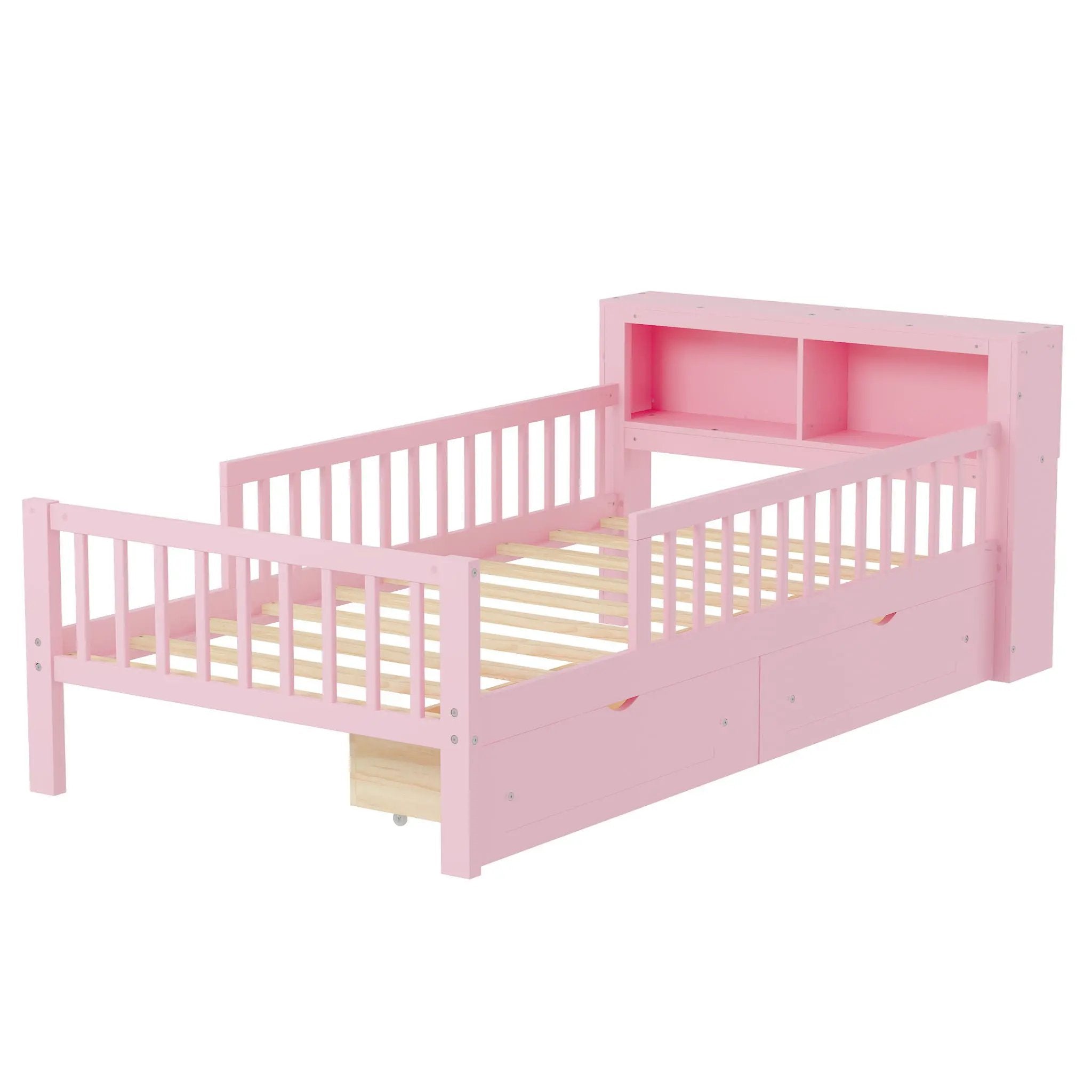 Bed With Headboard Storage Rack, 2 Under Bed Drawers, 3 Side Guardrails For Safety by HouseOfZazla