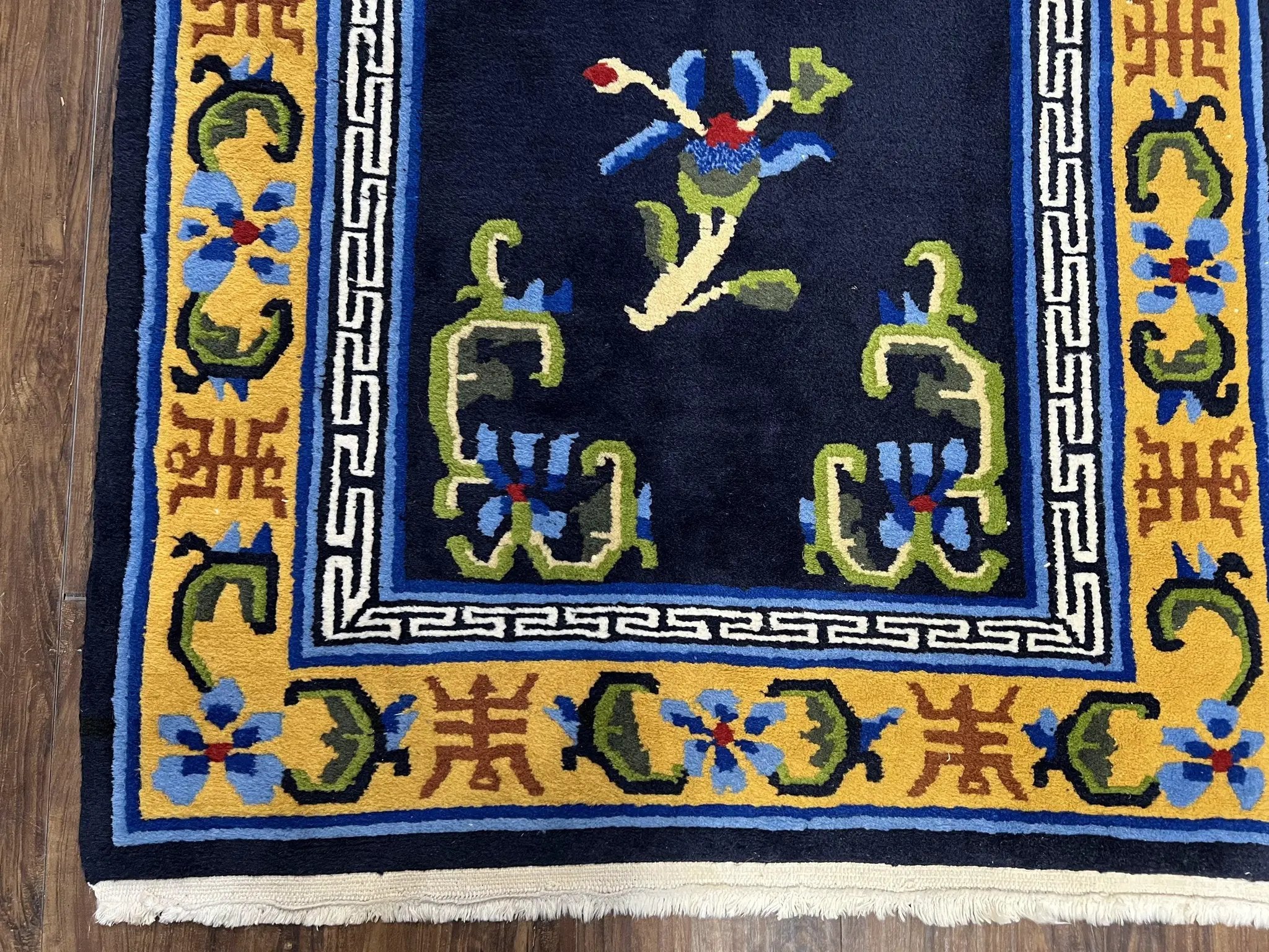 Chinese Art Deco Rug 3 x 5.9, Handmade Chinese Peking Carpet, Dark Blue and Gold, Medallion, Asian Oriental 3x6 Hand Knotted Vintage Rug by Jewel Rugs