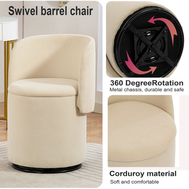 Barrel Chair, Built In Storage, 360° Swivel - Beige by HouseOfZazla