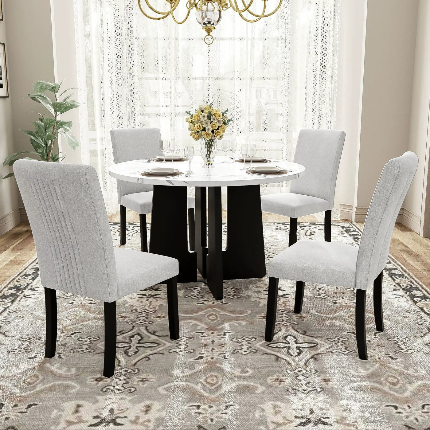 5 Piece Round Dining Table Set, Modern Dining Table And 4 Upholstered Chairs For Dining Room by Unique Piece Furniture
