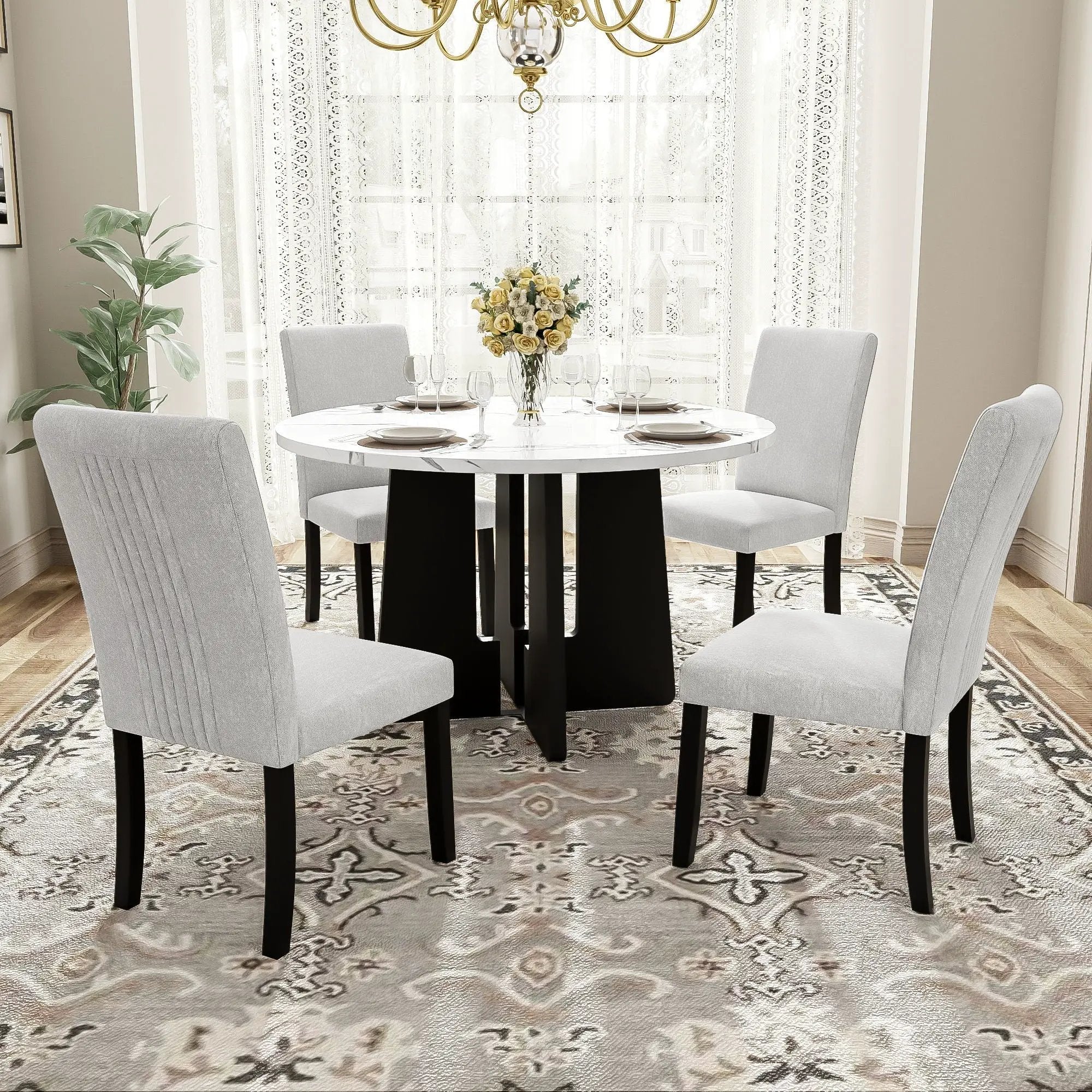 5 Piece Round Dining Table Set, Modern Dining Table And 4 Upholstered Chairs For Dining Room by Unique Piece Furniture
