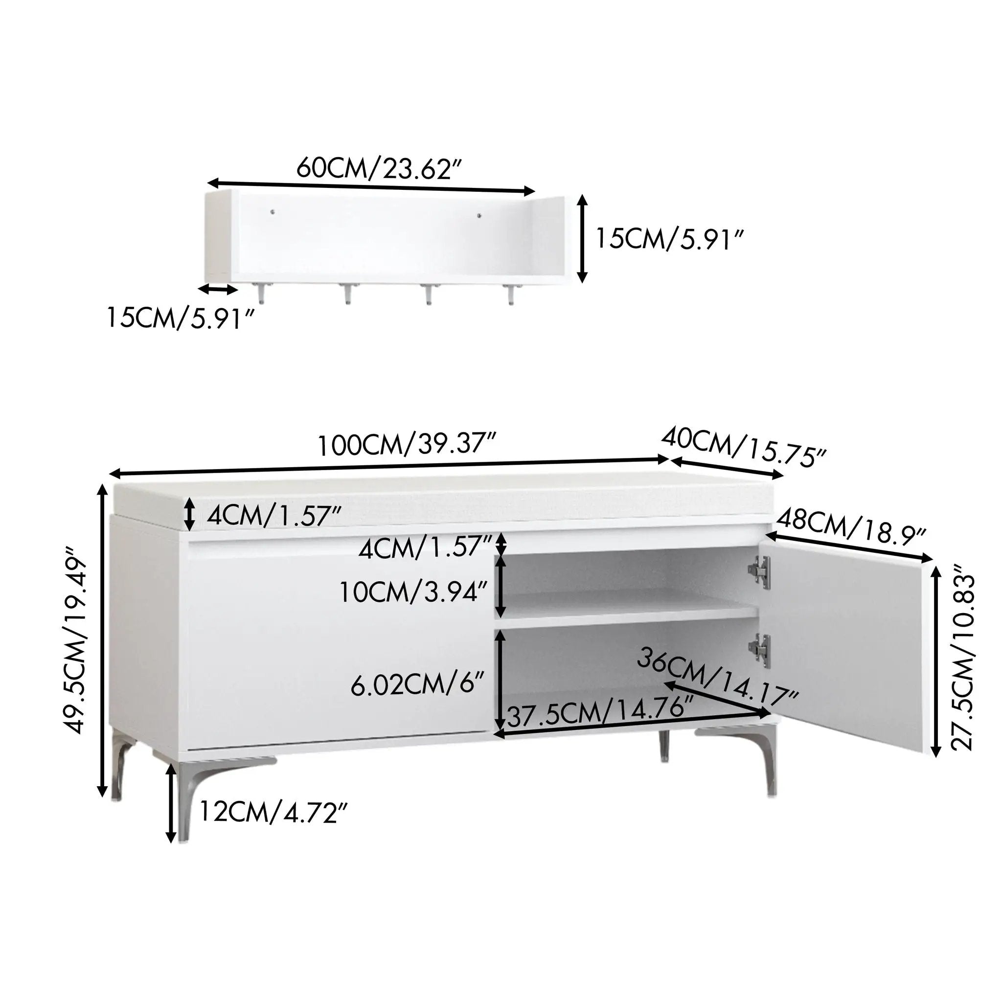 Wall Mounted Entryway Shelf With Hooks And Storage Bench Set - Off White by HouseOfZazla