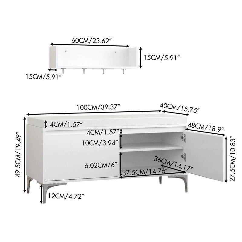 Wall Mounted Entryway Shelf With Hooks And Storage Bench Set - Off White by HouseOfZazla