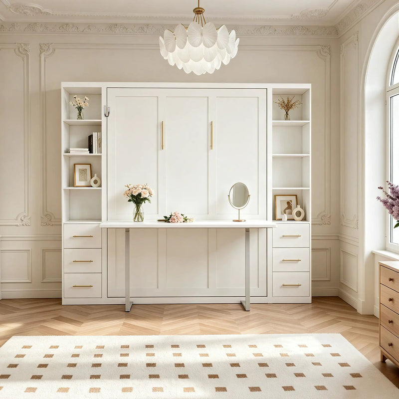 Queen Size Murphy Wall Bed With Side Storage Cabinets - White by HouseOfZazla