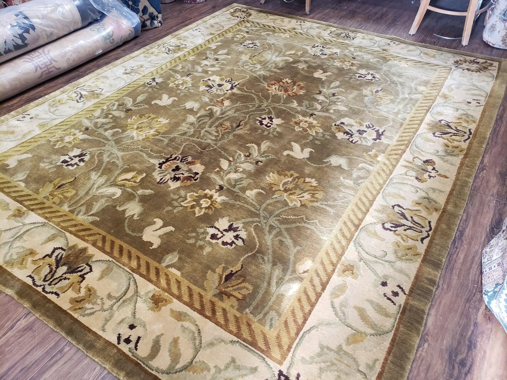 8x10 Tibetan Rug, Green & Beige Floral Rug, Large Handmade Wool Rug by Jewel Rugs