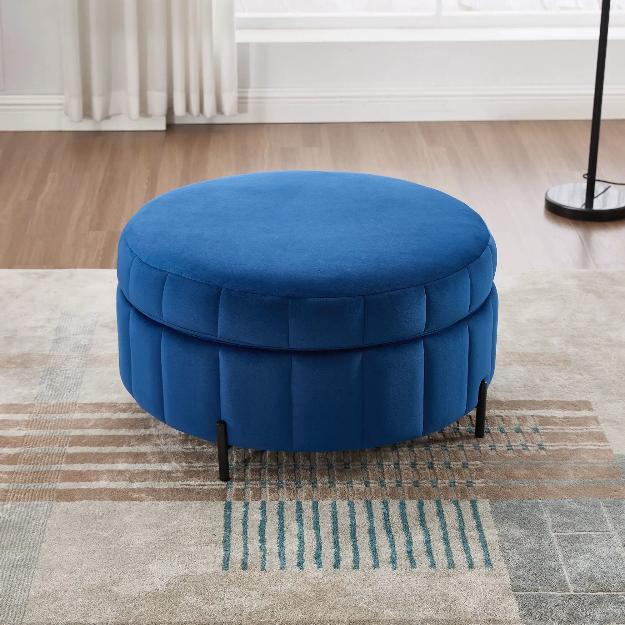 Upholstered Round Ottoman With Reversible Lid, Channel Tufted Pumpkin Shape by Unique Piece Furniture