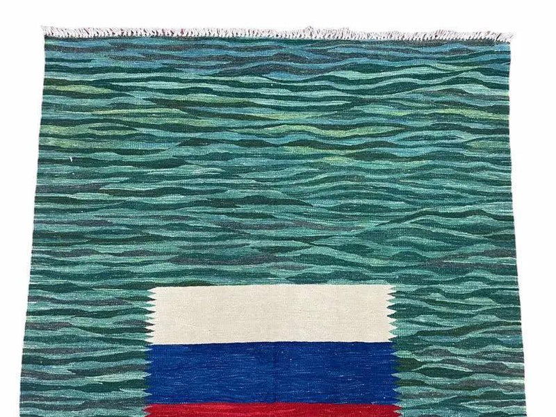 Sea Green Kilim Area Rug, White Blue Red Stripes, Russian Flag Rug, Flatweave Hand Knotted Carpet, Turkish Carpet, Wool, New, 5' 6" x 7' 10" by Jewel Rugs
