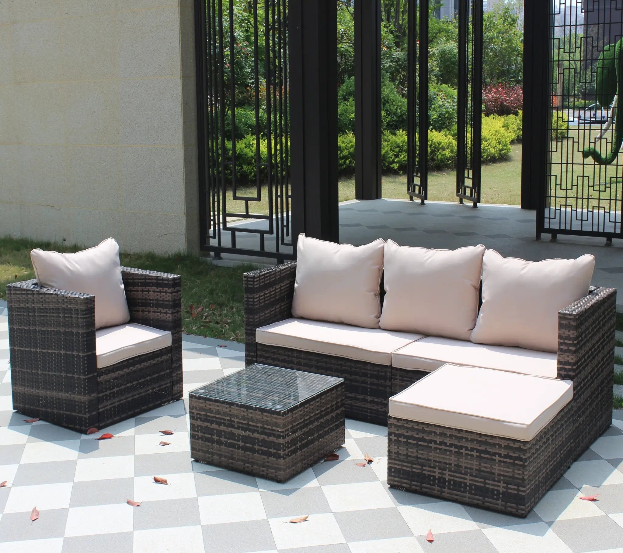 Rattan Patio Furniture Set Wicker Sofa Cushioned Sectional (4 Pieces, Brown) by HouseOfZazla