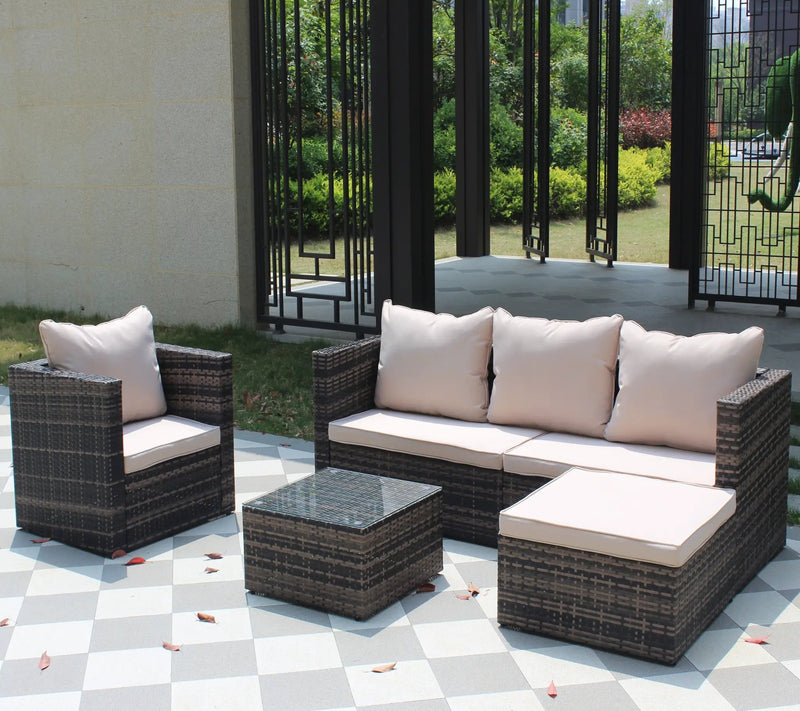 Rattan Patio Furniture Set Wicker Sofa Cushioned Sectional (4 Pieces, Brown) by HouseOfZazla