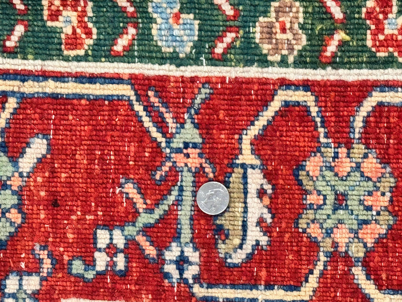 Indo Persian Heriz Rug 7x9, Geometric Pattern, Cream & Light Red, Handmade Vintage Wool Carpet by Jewel Rugs