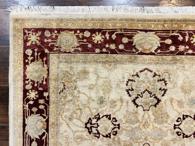 Peshawar Rug 5x7, Beige and Maroon, Vintage Handmade Wool Traditional Carpet 5 x 7 ft, Pakistani Rug, Agra Pattern, Very Fine 260 KPSI by Jewel Rugs