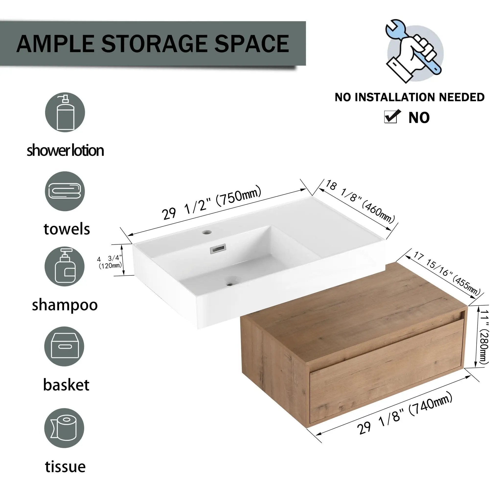 Modern Wall Mounted Bathroom Vanity With Resin Sink And Soft Close Drawer - Imitative Oak by Unique Piece Furniture