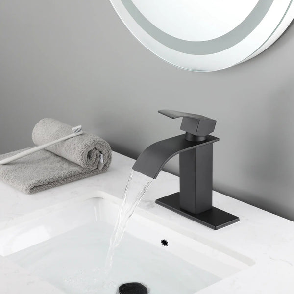 Waterfall Spout Bathroom Sink Single Handle Faucet with Pop-Up Drain, photo 2 of 10