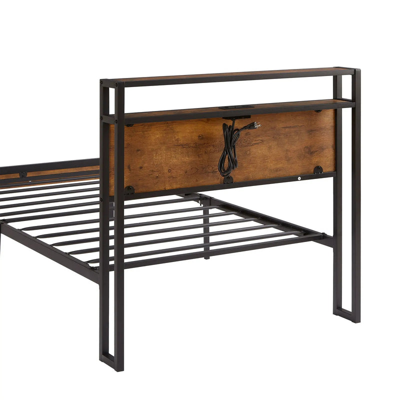Twin Size Platform Bed Frame, LED Lights With Remote Control, USB Charging Port, Large Under Bed Storage - Black / Brown by Unique Piece Furniture